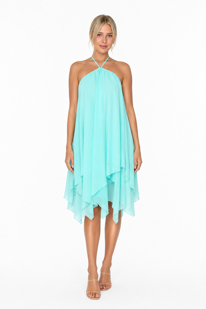 Elara Chiffon Halter Dress – Aqua