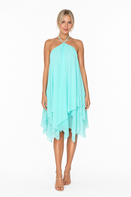 Elara Chiffon Halter Dress – Aqua