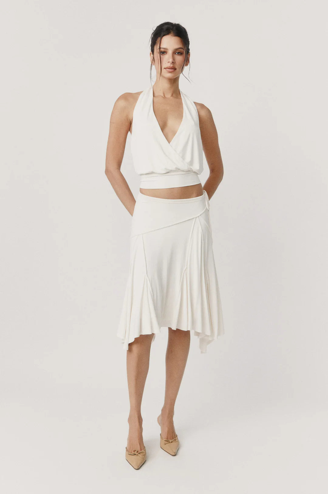 Ivory Slinky Exposed Seam Detail Midi Skirt